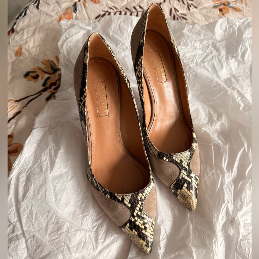 Aquazzura Beige and Black Snakeskin Heels
